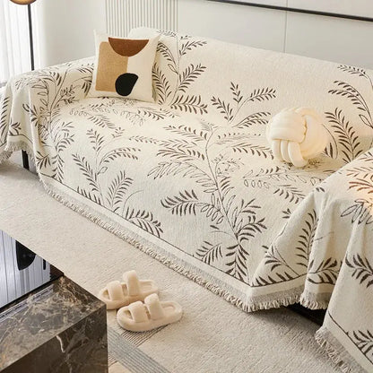 Chenille Jacquard Leaf Sofa Throw Blanket with Non-Slip Backing | Scratch-Resistant Textured Furniture Cover for Couch Protection