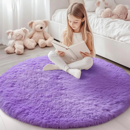 Round Shag Area Rug 59 Inch – Ultra Soft Plush Circle Carpet for Living Room Bedroom Playroom Nursery – Non-Slip Backing Machine Washable
