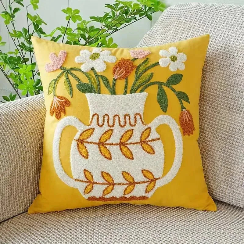 Floral Embroidered Throw Pillow Cover 18x18 Inches Cotton Canvas White Decorative Cushion Case for Couch Bed Chair Farmhouse Modern Living R
