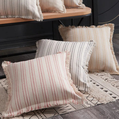 Sable Stripe Cushion Cover - Textured Cotton-Polyester Blend, Decorative Fringe