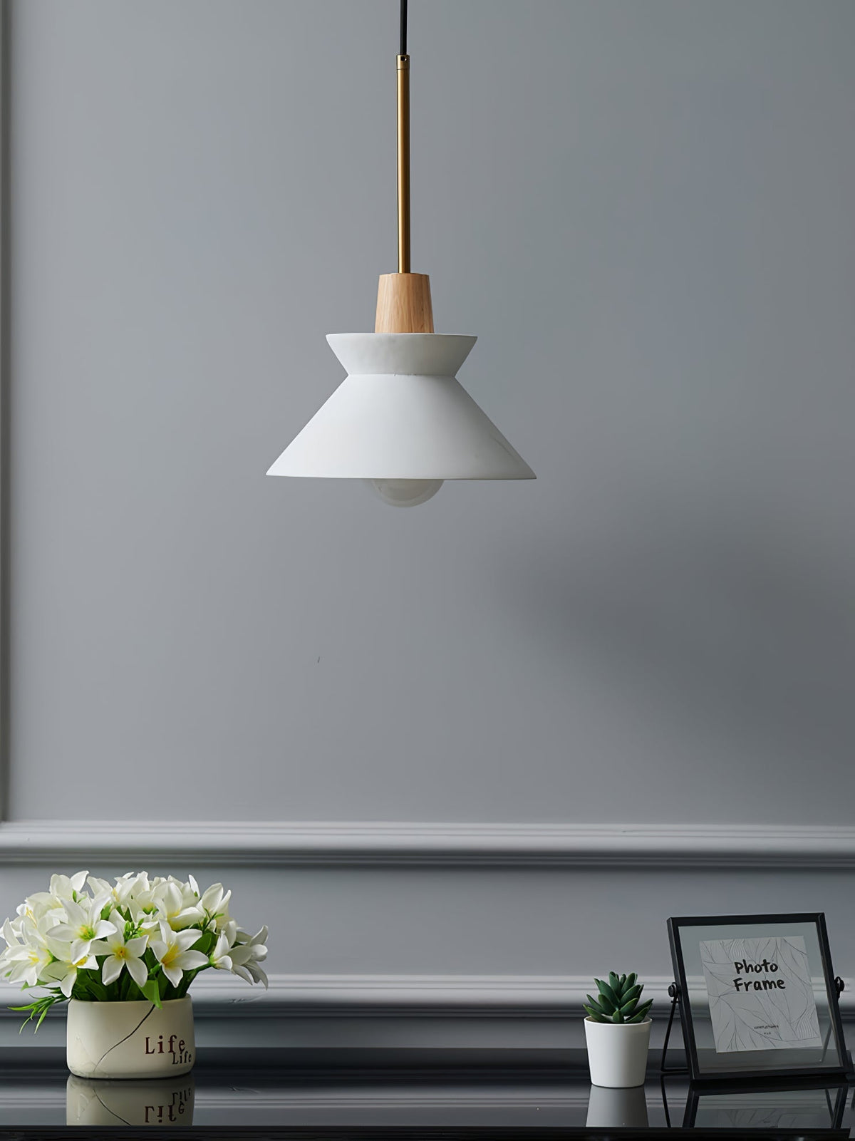 Resin Wood Hanging Light 9 in for Kitchen Island Dining Table Adjustable Ceiling Fixture E26 LED Compatible Scandinavian Modern