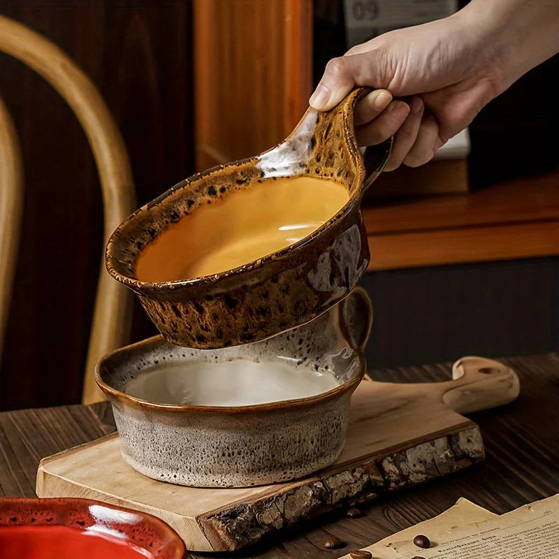 Handled Ceramic Bowl 6 in for Soup Cereal Oatmeal Salad with Grip Kitchen Tableware Stoneware Serving Dish for Breakfast Lunch Dinner