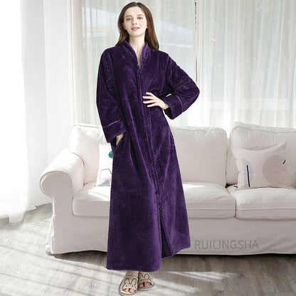 Zippered Fleece Bathrobe for Women & Men Hooded & Non-Hooded Thermal Lounge Robe with Pockets Soft Lightweight Warmth