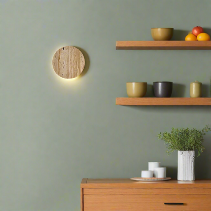 Travertine Stone Wall Sconce Round Frosted Glass Up Down Light Fixture 4 Inch Natural Stone Ambient Lighting Bedroom Hallway Entryway Bathro