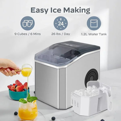 Countertop Ice Machine 33 lb Daily Output Stainless Steel Fast Cube Maker Self-Cleaning for Home Bar Kitchen Office Small Appliance Portable