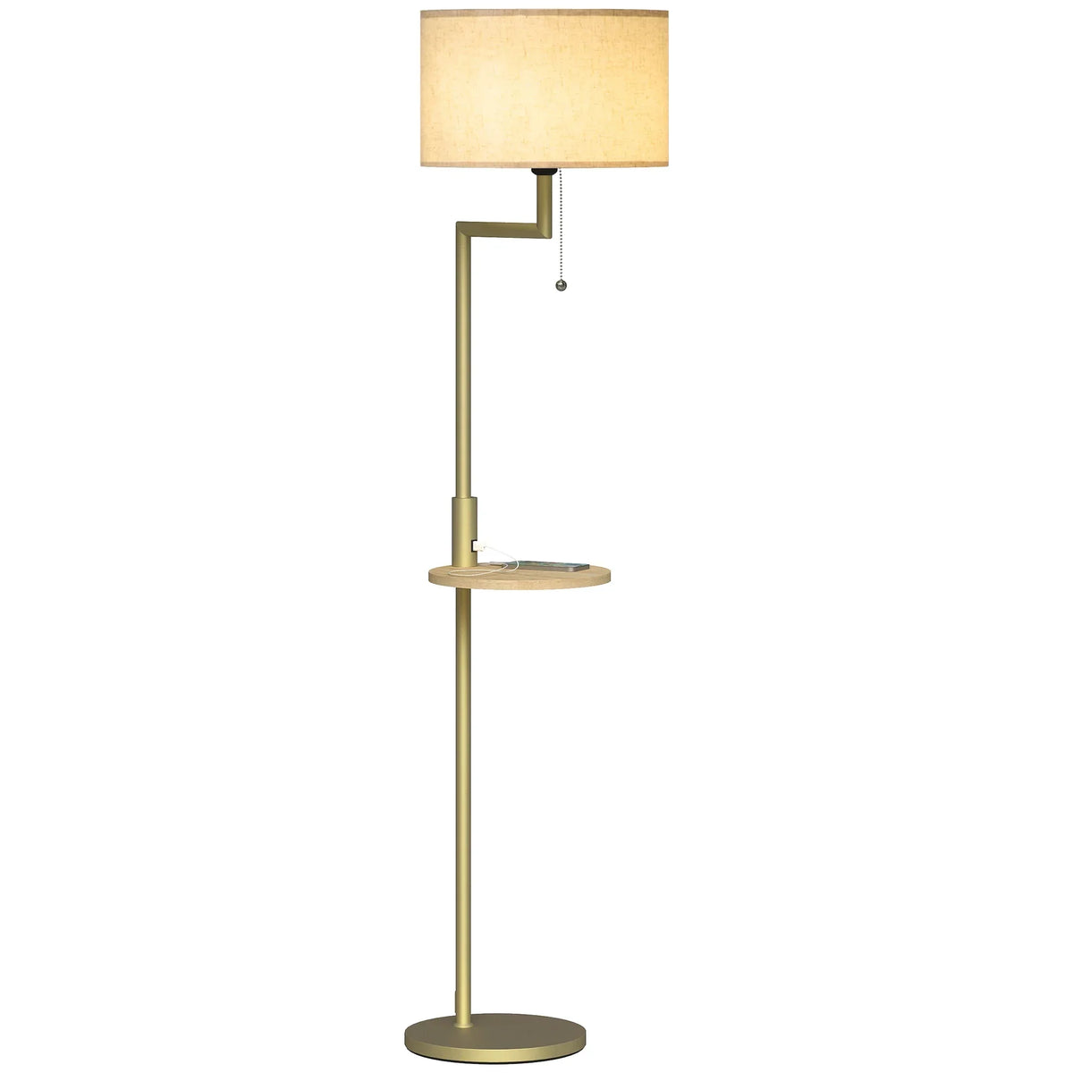 Arc Floor Lamp with Bamboo Shelf and USB Charging Port 67 inch Gold Steel Frame Beige Linen Shade Reading Light for Bedroom Living Room Home