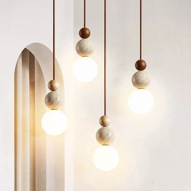 Stone Hanging Lamp for Bedroom Nightstand 4.7 in Cream Finish Soft LED Glow Modern Suspended Lighting Above Bedside Compact Space-Saving Cor