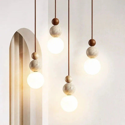 Stone Hanging Lamp for Bedroom Nightstand 4.7 in Cream Finish Soft LED Glow Modern Suspended Lighting Above Bedside Compact Space-Saving Cor