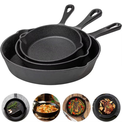 Cast Iron Skillet Set 3-Piece 6.3 8 10 Inch Black Uncoated Frying Pans Gas Electric Induction Campfire Cookware Stovetop to Oven Kitchen