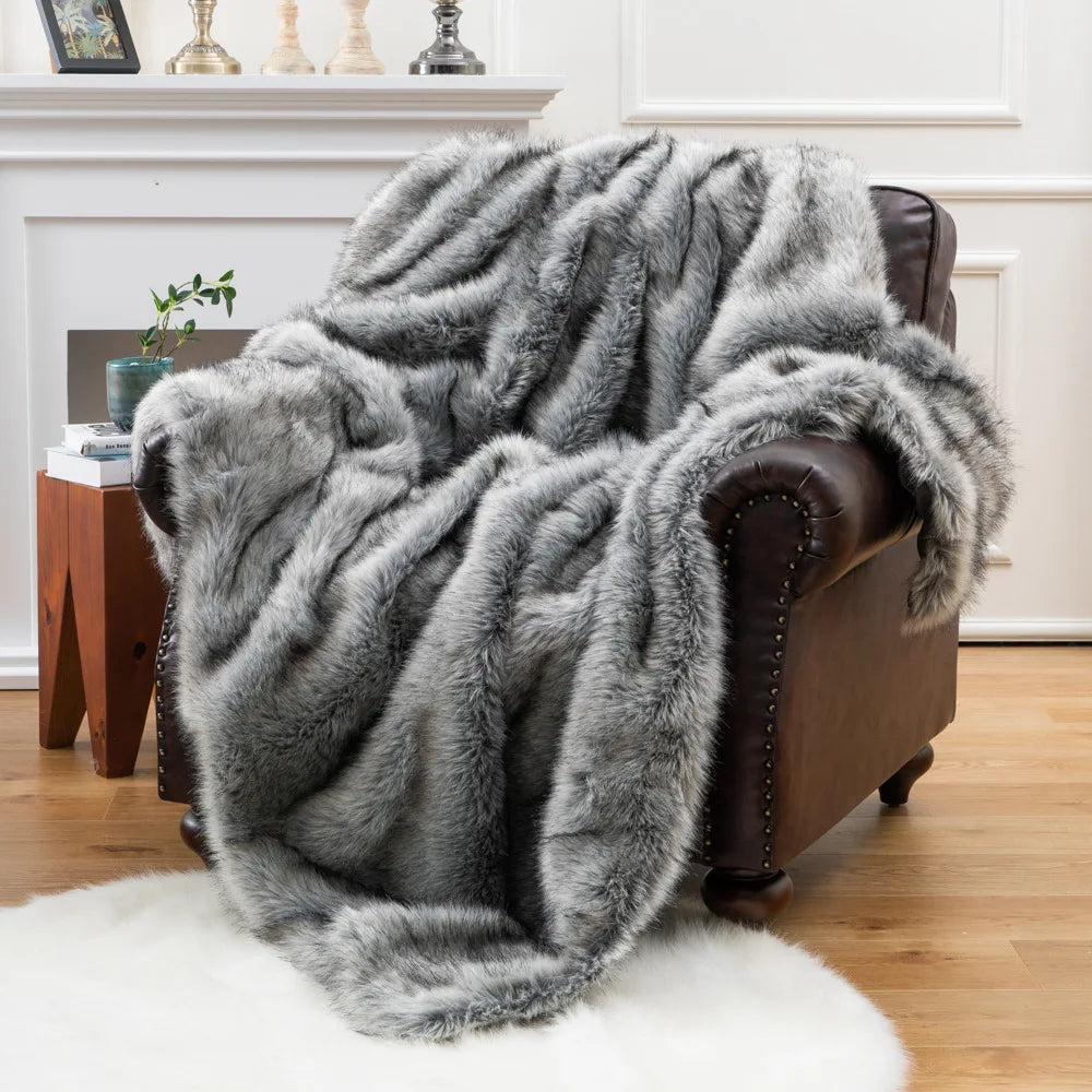 Plush Faux-Fur Accent Blanket 80×60 in Oversized Ultra-Soft Polyester Decorative Cover for Bedroom Sofa Chair Couch Neutral Tan Silver Brind