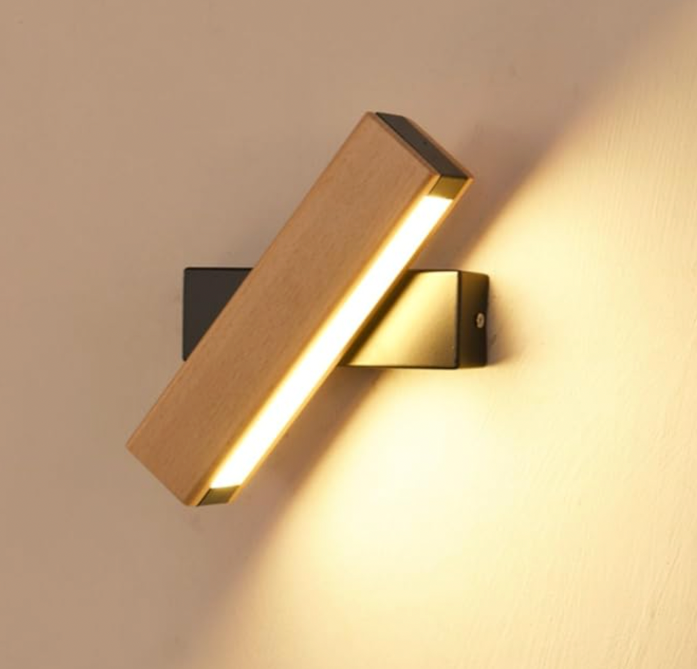 Rotating LED Wall Sconce with Wood Accent – Adjustable Minimalist Light for Bedroom & Living Room