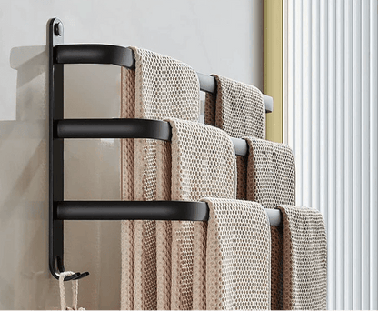 Wall-Mount Aluminum Bathroom Bar for Hand Towels & Washcloths – Black Triple-Rail Storage for Shower, Laundry & Kitchen – Space-Saving Dryin