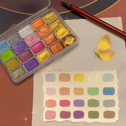 Shimmer Palette 20-Pan Portable Artist Tin for Calligraphy Mixed Media Journaling Canvas 4.5×3.3 in Pearlescent Pigment Block Kit