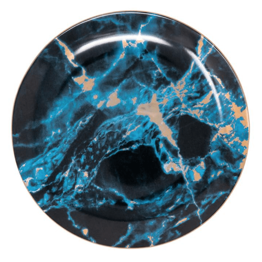 Porcelain Appetizer Plates with Faux Marble Pattern & Metallic Accent – 8 in & 10 in Serving Dishes for Salad, Dessert & Entrees