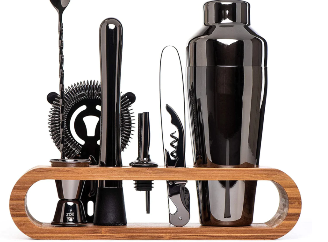 Stainless Steel Cocktail Shaker Tool Kit 10-Piece Complete Mixology Essentials Rose Gold Silver Black for Home Bar Entertaining Party Barten