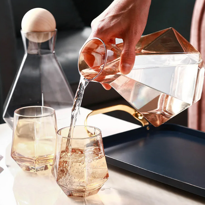 Geometric Glass Pitcher and Tumbler Set for Cocktails, Water & Juice – 5-Piece Beverage Serving Collection with Wooden Stopper