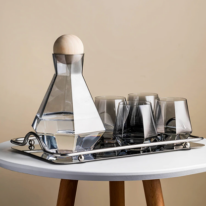 Geometric Glass Pitcher and Tumbler Set for Cocktails, Water & Juice – 5-Piece Beverage Serving Collection with Wooden Stopper