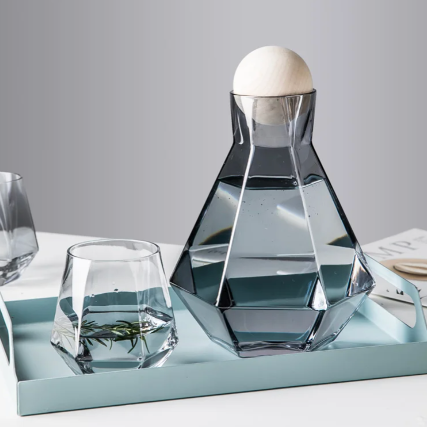Geometric Glass Pitcher and Tumbler Set for Cocktails, Water & Juice – 5-Piece Beverage Serving Collection with Wooden Stopper