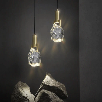 Hanging Fixture with Polished Copper & Faceted Glass Shade for Dining Room, Kitchen Island, Entryway
