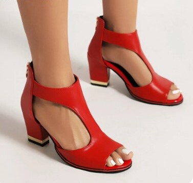 Women's Block Heel Strappy Sandals Open Toe Cutout Design Zip-Back for Summer Weddings Black Pink White Red Beige Sizes US 5-10
