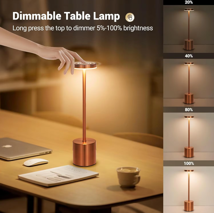 Cordless LED Bedside Light Aluminum 13.4 in USB Rechargeable Touch Dimmable Nightstand Lamp for Bedroom Restaurant Desk 3 Brightness Levels