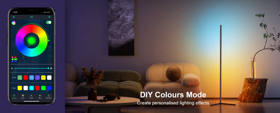 RGB Corner Lamp with App Control and Music Sync for Living Room Bedroom Gaming Setup Aluminum Standing Light with 210 Modes