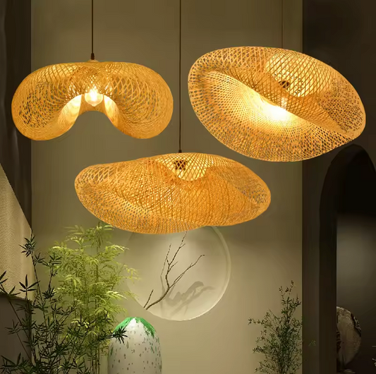 Woven Rattan Dome Ceiling Fixture 31.5-Inch Natural Finish Ambient Overhead Light E27 Socket for Dining Kitchen Island Living Room Scandinav