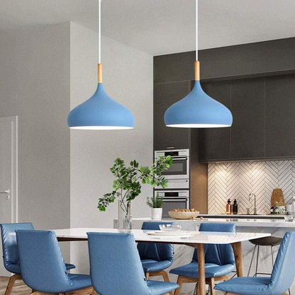 E27 Dome Pendant Fixture with Wood Trim – Adjustable Height Hanging Light for Kitchen Island, Dining Table, Bedroom – Minimalist Nordic-Insp