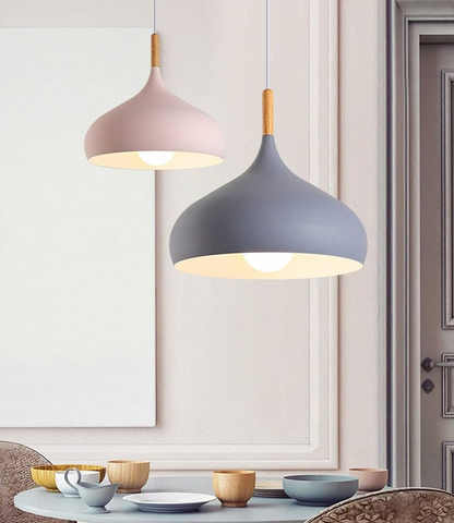 E27 Dome Pendant Fixture with Wood Trim – Adjustable Height Hanging Light for Kitchen Island, Dining Table, Bedroom – Minimalist Nordic-Insp