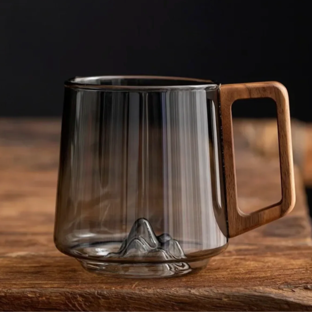Alpine-Inspired Clear Glass Coffee Mug with Wooden Handle for Tea, Coffee & Hot Beverages | Borosilicate Heat-Resistant Drinkware for Home,