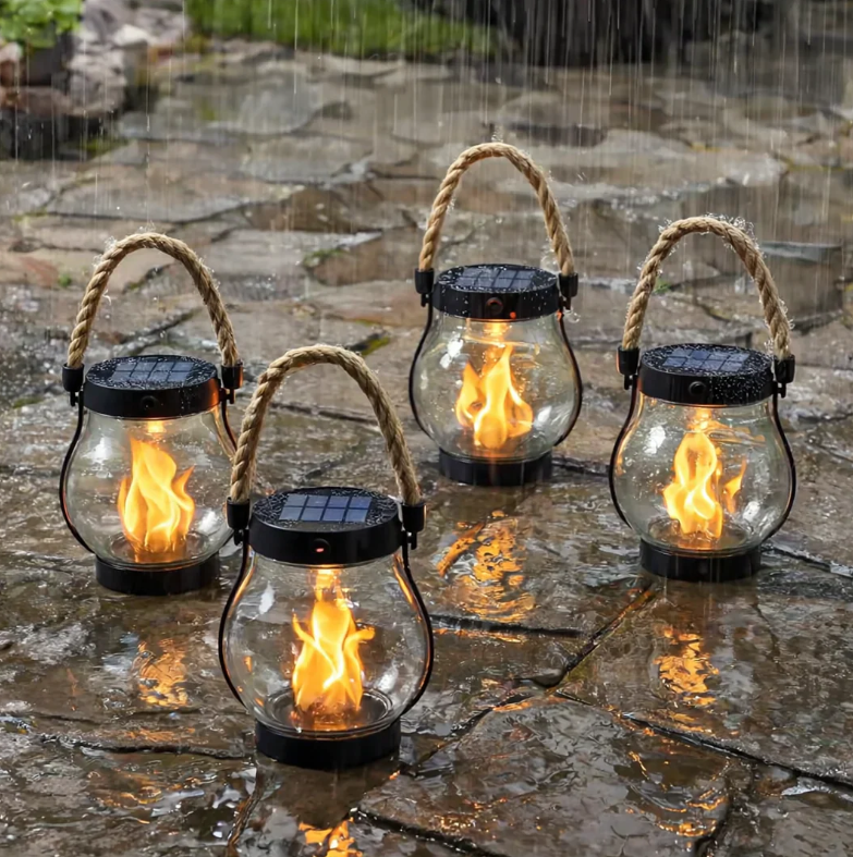 Flickering Flame Outdoor Lantern with Solar Panel 10 in Tall Glass LED Garden Light Waterproof Hanging Patio Decoration Dusk Sensor USB Back