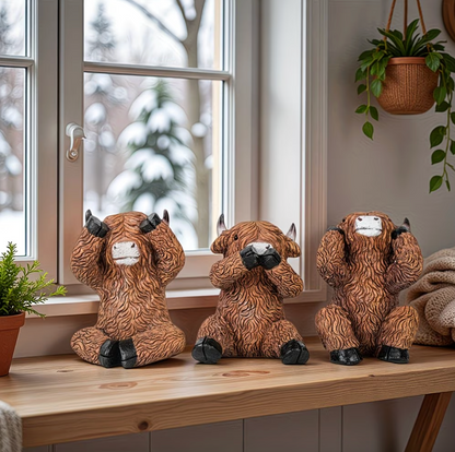 Moo No Evil™ – Adorable Highland Cow Figurine Set