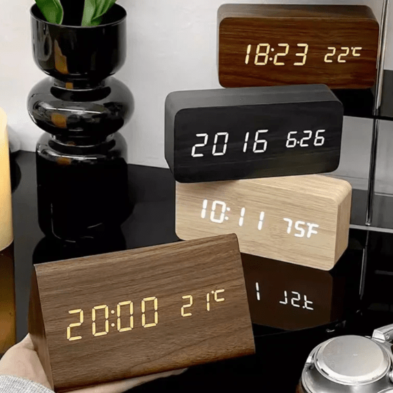 Sound-Activated Digital Alarm Clock with LED Display Wood Finish for Bedroom Office Nightstand Battery or USB Powered Adjustable Brightness