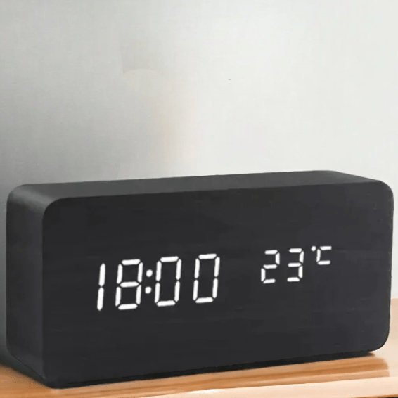 Sound-Activated Digital Alarm Clock with LED Display Wood Finish for Bedroom Office Nightstand Battery or USB Powered Adjustable Brightness