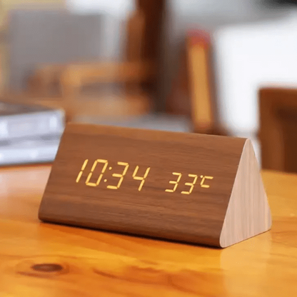 Sound-Activated Digital Alarm Clock with LED Display Wood Finish for Bedroom Office Nightstand Battery or USB Powered Adjustable Brightness