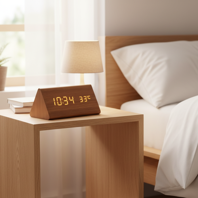 Sound-Activated Digital Alarm Clock with LED Display Wood Finish for Bedroom Office Nightstand Battery or USB Powered Adjustable Brightness