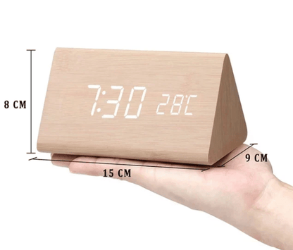 Sound-Activated Digital Alarm Clock with LED Display Wood Finish for Bedroom Office Nightstand Battery or USB Powered Adjustable Brightness