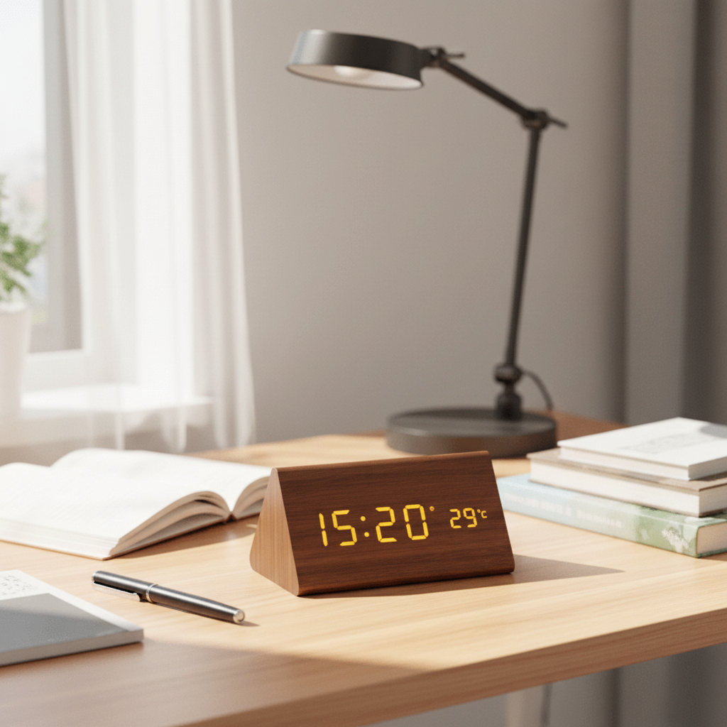 Sound-Activated Digital Alarm Clock with LED Display Wood Finish for Bedroom Office Nightstand Battery or USB Powered Adjustable Brightness