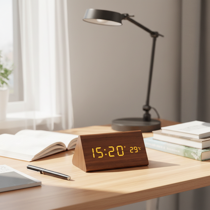 Sound-Activated Digital Alarm Clock with LED Display Wood Finish for Bedroom Office Nightstand Battery or USB Powered Adjustable Brightness