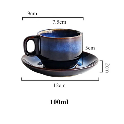 Bone China Coffee and Espresso Cup with Saucer Set - Deep Blue Ceramic Drinkware for Tea, Coffee, and Hot Beverages - Elegant Mug and Plate