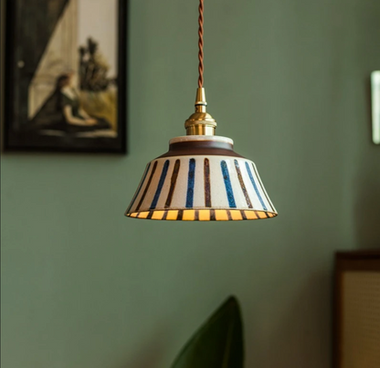 Ceramic Hanging Light Fixture with Unique Floral Designs for Kitchen, Dining Room, Cafe | Artisan Crafted Copper Hardware Pendant Lamp