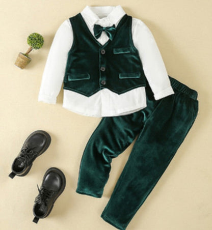 Boys Formal 3-Piece Suit Set with Shirt, Vest, Pants & Bow Tie for Weddings, Parties, Special Occasions | Toddler Kids Dress Outfit
