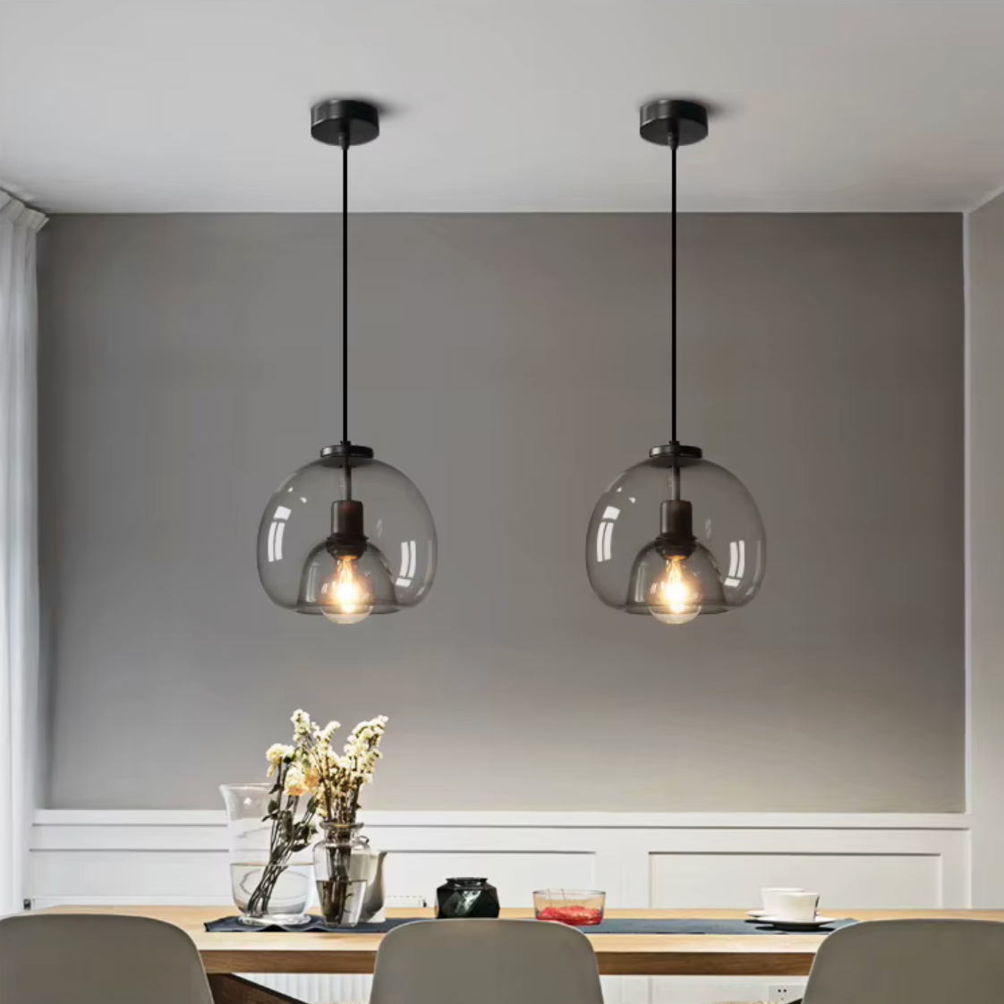 Gray Tinted Glass Drop Light with Adjustable 59-Inch Cord for Kitchen Island, Dining Area & Bedroom – E27 Socket Ceiling Fixture