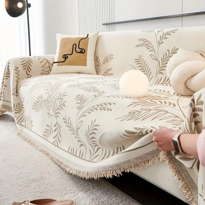 Natura Chenille Sofa Cover - Cotton Blend, Non-Slip, Stylish Tassels