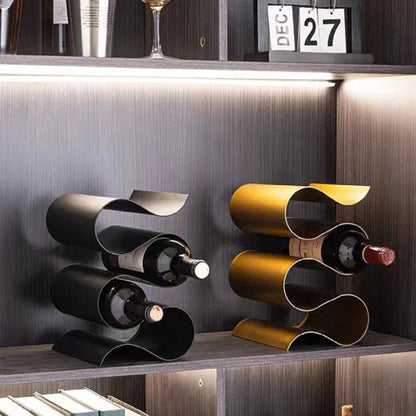 Sculptural Metal Wine Rack for Countertop – Elegant Wavy Design Holds 3 Standard Bottles, Compact Wine Storage Racks