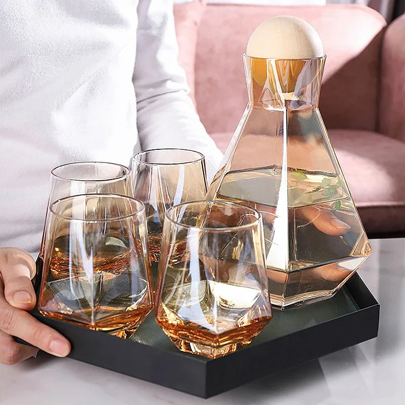 Crystal-Clear Beverage Pitcher & Tumbler Set with Geometric Faceted Design for Home Bar, Kitchen & Dining Room Entertaining