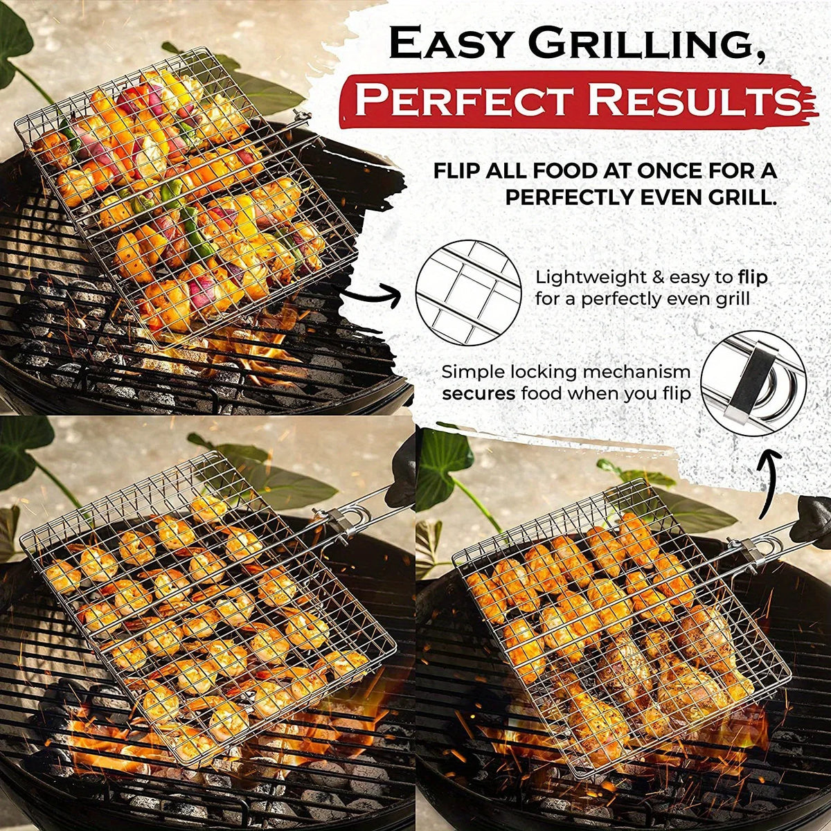 Grill Basket for Veggies, Foldable Fish Grill Basket with Non Stick Coating, Stainless Steel Grill Accessories for BBQ