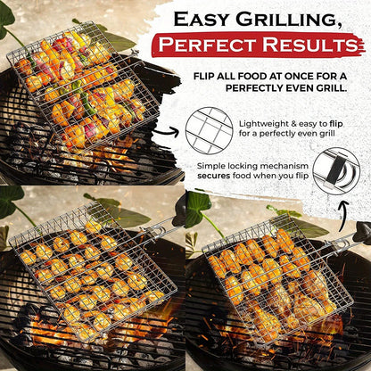 Grill Basket for Veggies, Foldable Fish Grill Basket with Non Stick Coating, Stainless Steel Grill Accessories for BBQ