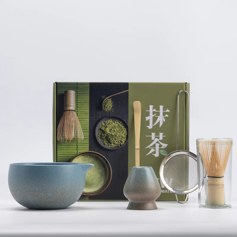 Bamboo Matcha Whisk and Bowl Set 5 Piece, Ceramic Matcha Set with Whisk Holder Scoop and Sifter, Hand Glazed Stoneware Matcha Bowl