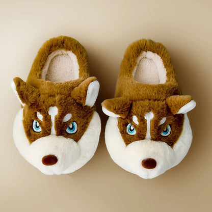 Plush Husky Slippers for Women & Men – Soft Animal House Shoes with Rubber Sole for Indoor Warmth & Cozy Comfort at Home